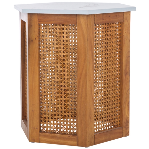 Brown Rattan and Faux Marble Sophie Accent Table