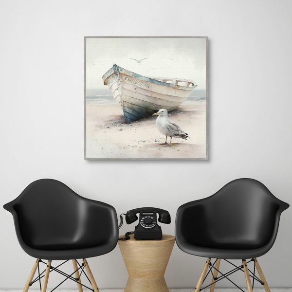 Rowboat Seagull Framed Canvas Art Print