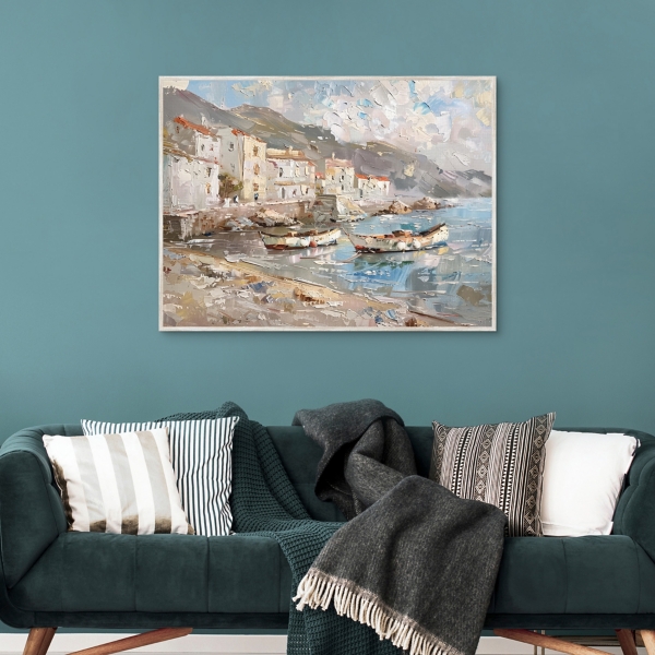 Boats on the Bank Framed Canvas Art Print