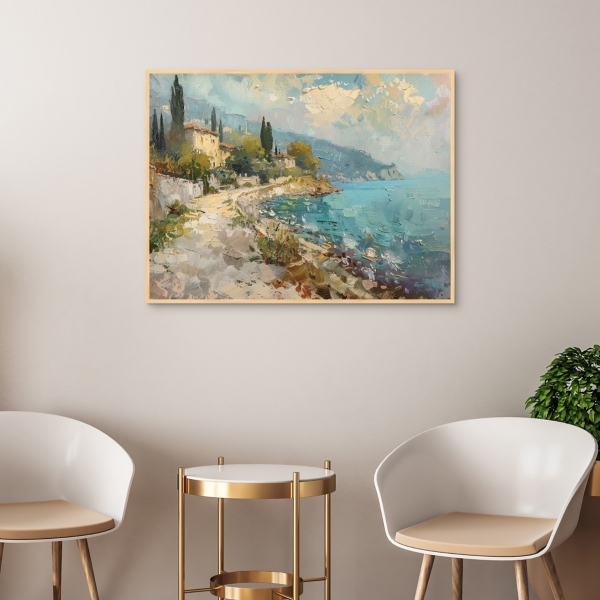 House on the Ocean Tan Framed Canvas Art Print