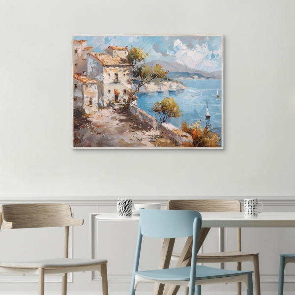 Village by the Ocean Framed Canvas Art Print