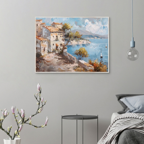 Village by the Ocean Framed Canvas Art Print