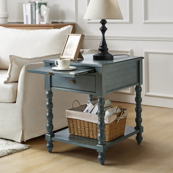 Erica Distressed Blue Wood Spindle End Table