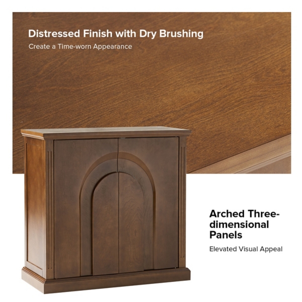 Distressed Walnut Carved Arch Cabinet