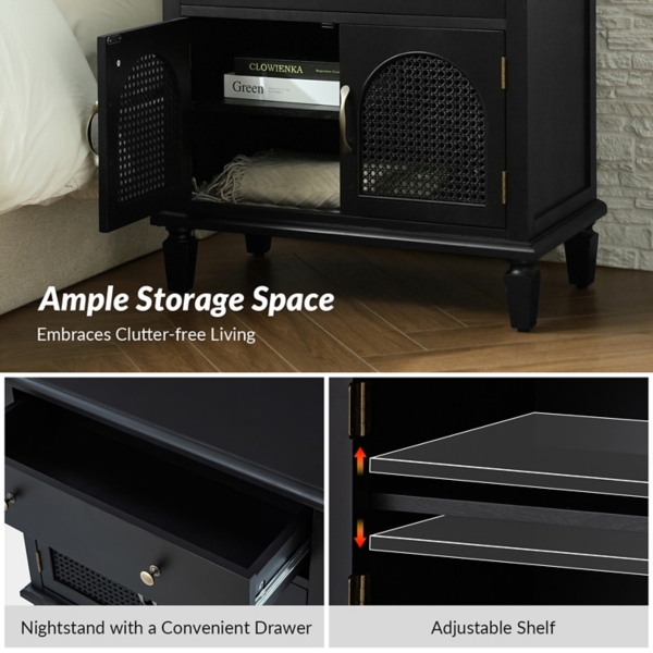 Black Arched Faux Rattan Door Nightstand