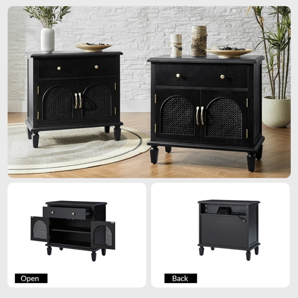 Black Arched Faux Rattan Door Nightstand