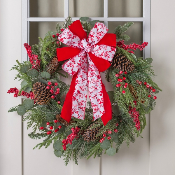 Red Toile Ribbon Christmas Wreath