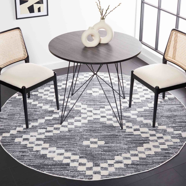 Charcoal & White Bohemian Diamond Round Rug, 6x6