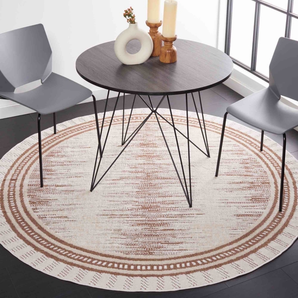Taupe & White Abstract Bohemian Round Rug, 6x6