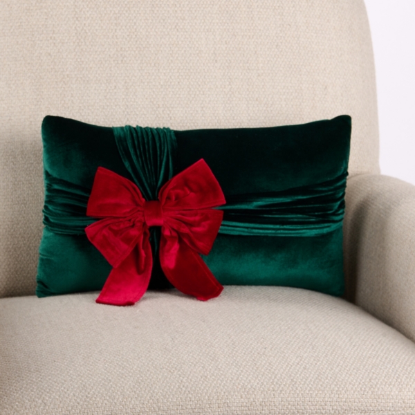 Red Bow Green Velvet Lumbar Pillow