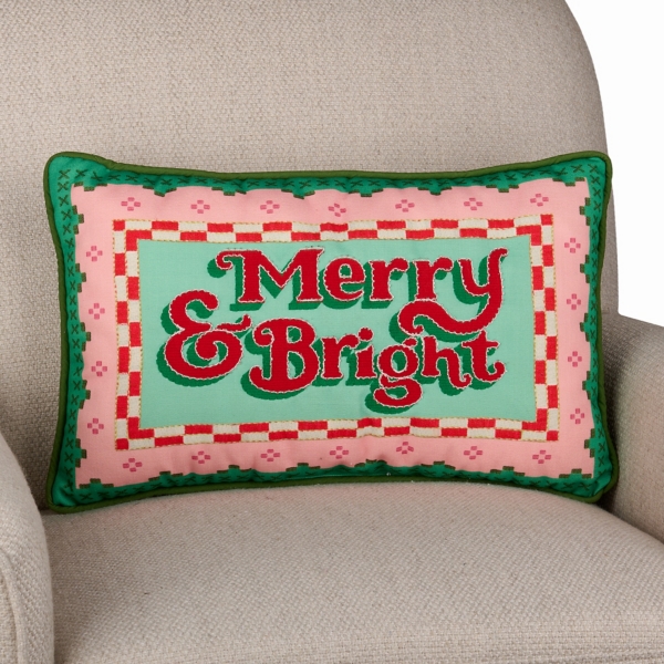 Embroidered Merry & Bright Lumbar Pillow