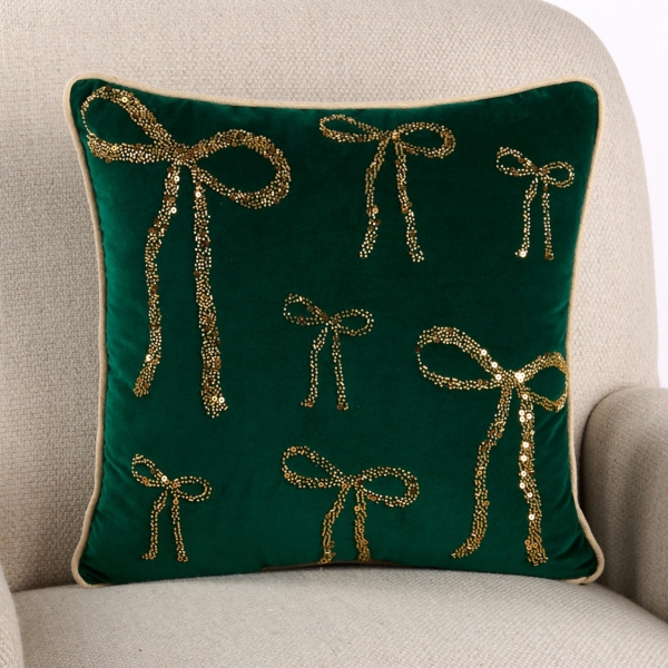 Green Gold Beaded Bows Pillow