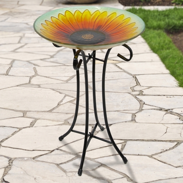 Orange and Yellow Sunflower Glass Bird Bath
