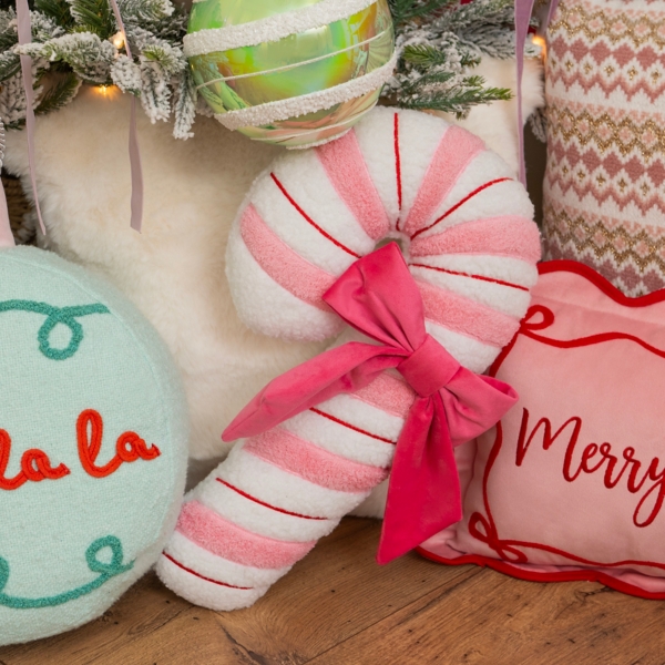 Pink Candy Cane Shaped Boucle Pillow