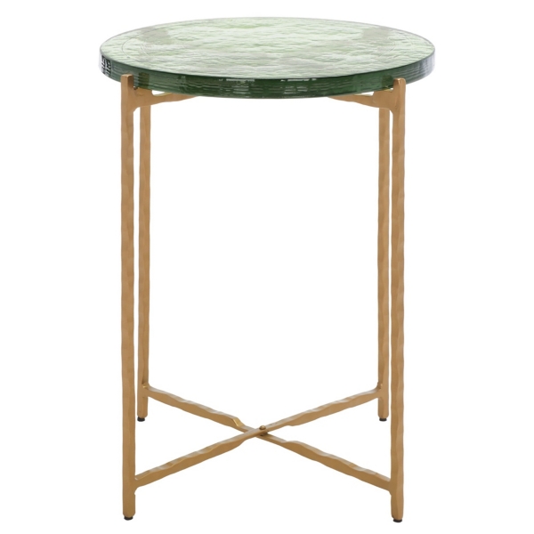 Green Glass and Brass Round Accent Table