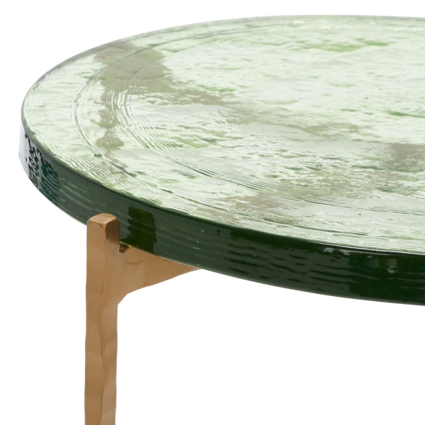 Green Glass and Brass Round Accent Table