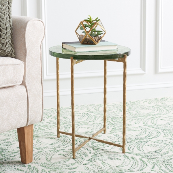 Green Glass and Brass Round Accent Table
