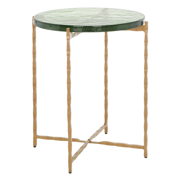 Green Glass and Brass Round Accent Table