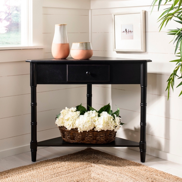 Distressed Black Wood Selena Corner Accent Table