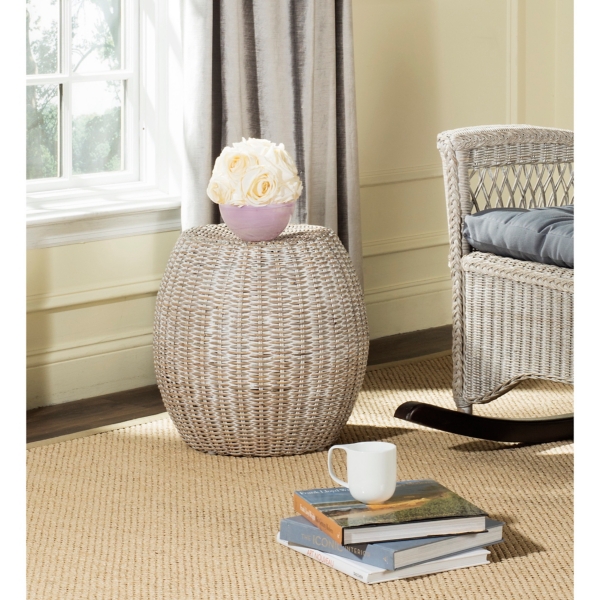 Round White Rattan Barrel Accent Table