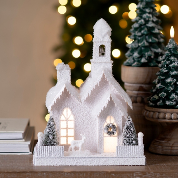 LED Flocked Church Christmas Decoration