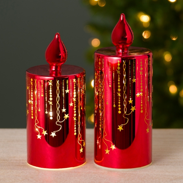 LED Red Glass Candle Statues, Set of 2