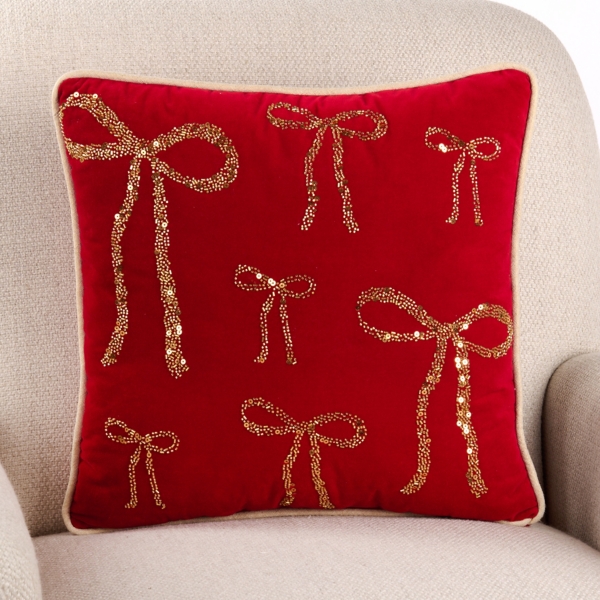 Red Gold Beaded Bows Pillow
