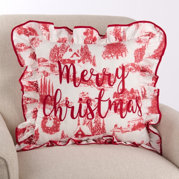 Red Toile Merry Christmas Pillow