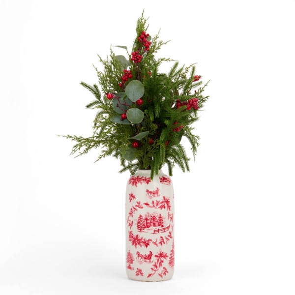 Eucalyptus and Norfolk Arrangement in Toile Vase