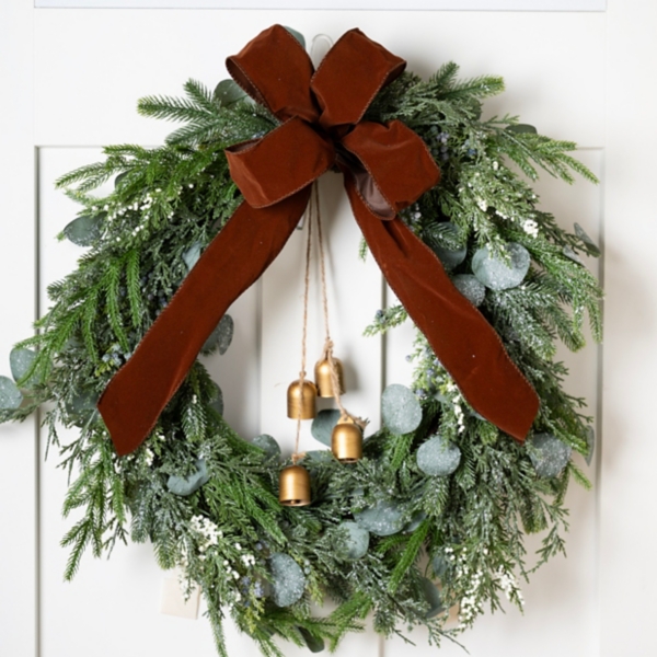 White Berry Eucalyptus Wreath with Brown Bow
