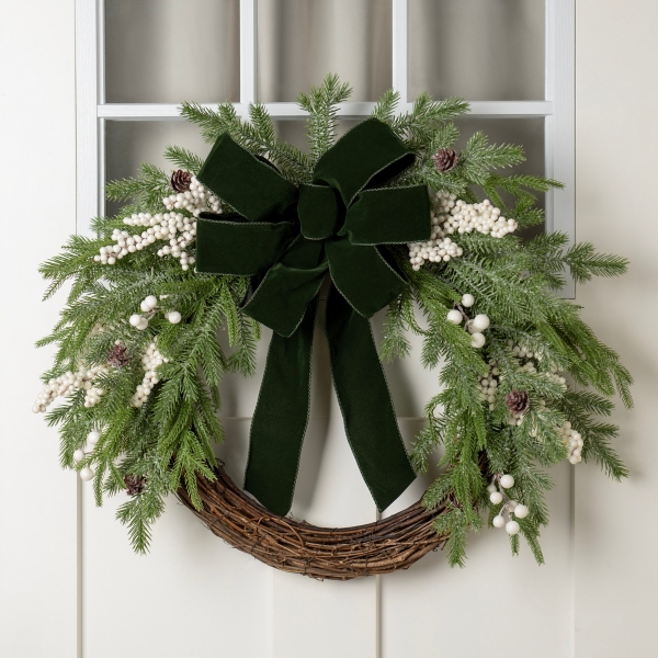 White Berry Green Velvet Bow Christmas Wreath