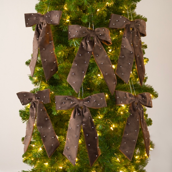 Chocolate Velvet Diamond Bow Ornaments, Set of 6