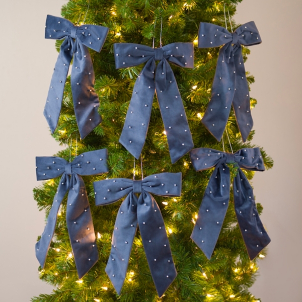 Navy Velvet Diamond Bow Ornaments, Set of 6