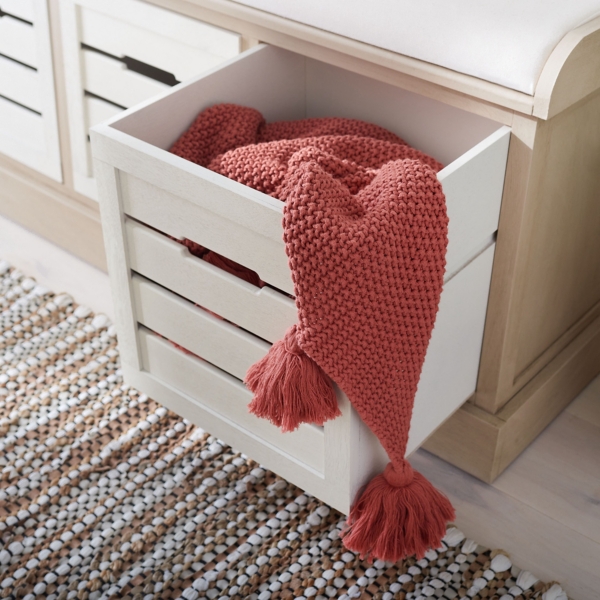 Tan Wood Zella Upholstered Storage Bench