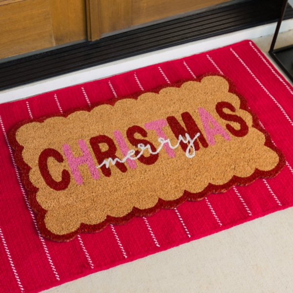 Red & Pink Scalloped Merry Christmas Coir Doormat