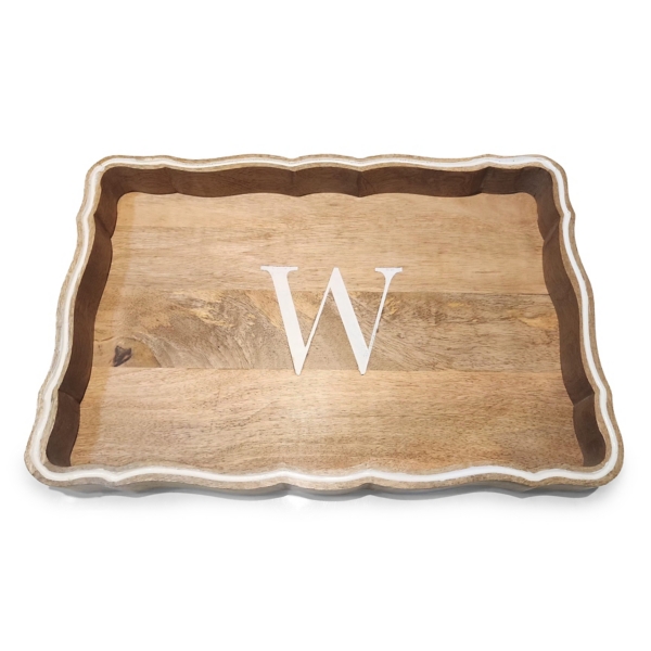 Monogram W Natural Wood Scalloped Tray