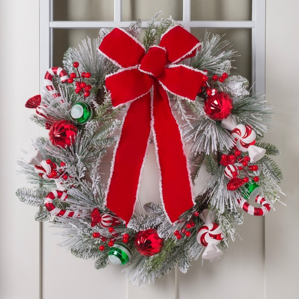 Flocked Candy Cane Velvet Bow Wreath