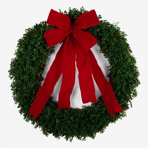 Boxwood Red Velvet Bow Christmas Wreath