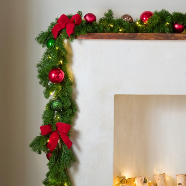 Pre-Lit Pine Ornament and Bow Christmas Garland