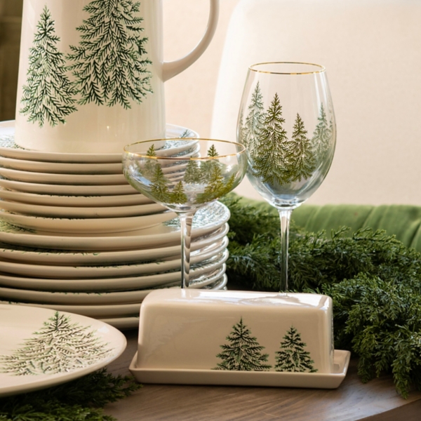 Evergreen Trees Embossed Coupe Glasses, Set of 4