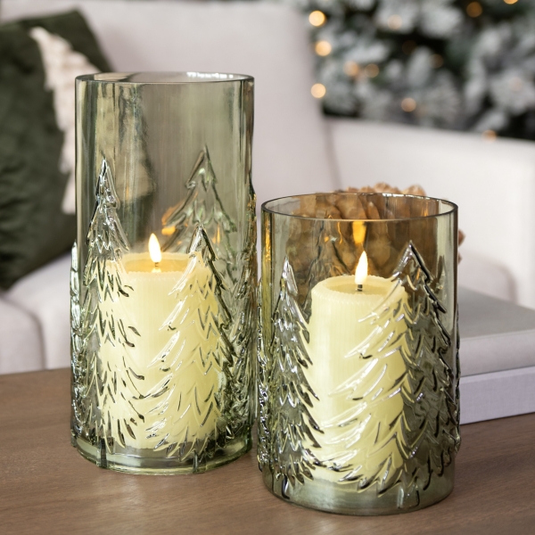 Green Sketched Tree Glass Hurricane, 12.6 in.