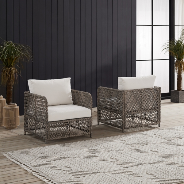 Gray Wicker Outdoor Chairs with Cushions, Set of 2