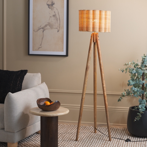 Natural Wood & Cane Priscilla Floor Lamp