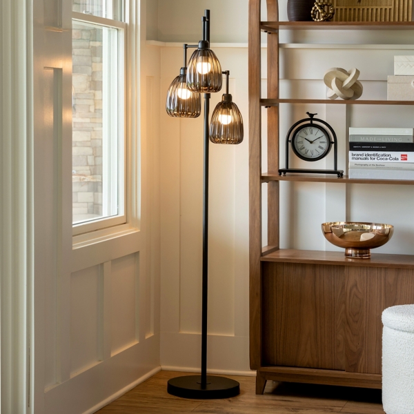 Black Ribbed Glass 3-Arm Floor Lamp | Kirklands Home