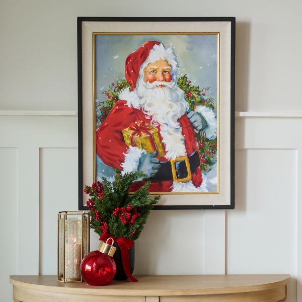 Holly Santa with Gift Framed Canvas Art Print