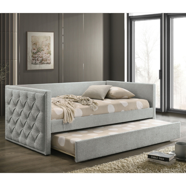 Gray Tufted Upholstered Twin Daybed with Trundle