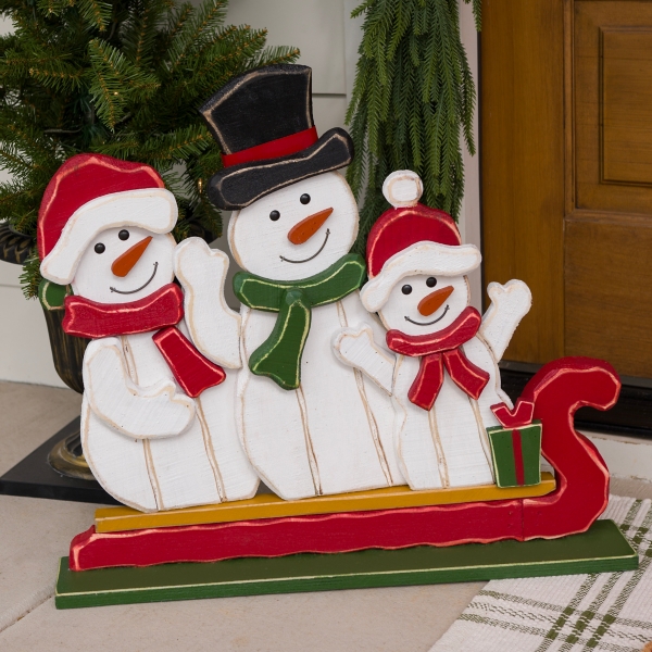 Snowman Sledding Family Porch Statue