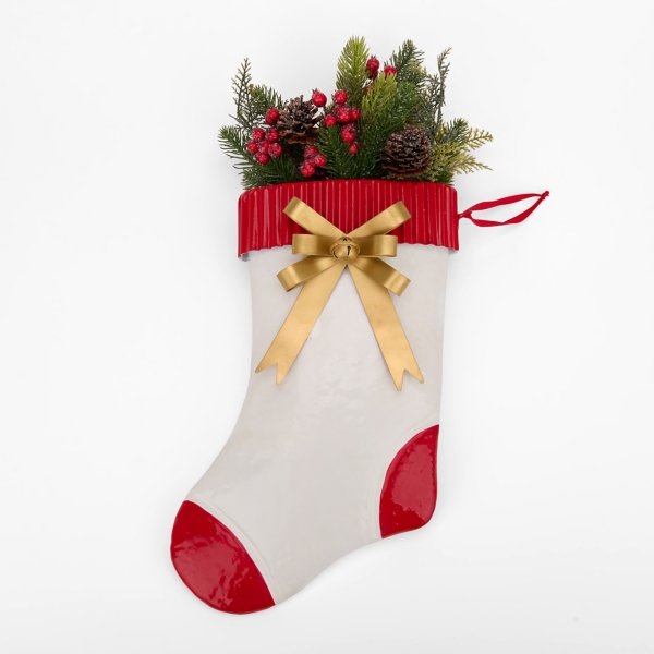 White Metal Stocking with Greenery Wall Pocket
