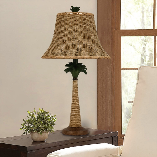 Palm Tree Table Lamps with Rattan Shades, Set of 2