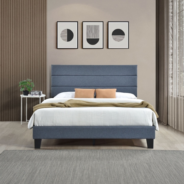 Dark Gray Plush Linen Queen Platform Bed
